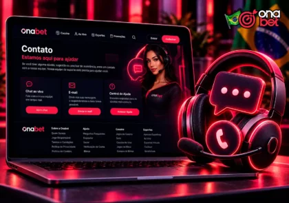 Suporte da Onabet em laptop com headset, chat online e símbolo de telefone.
